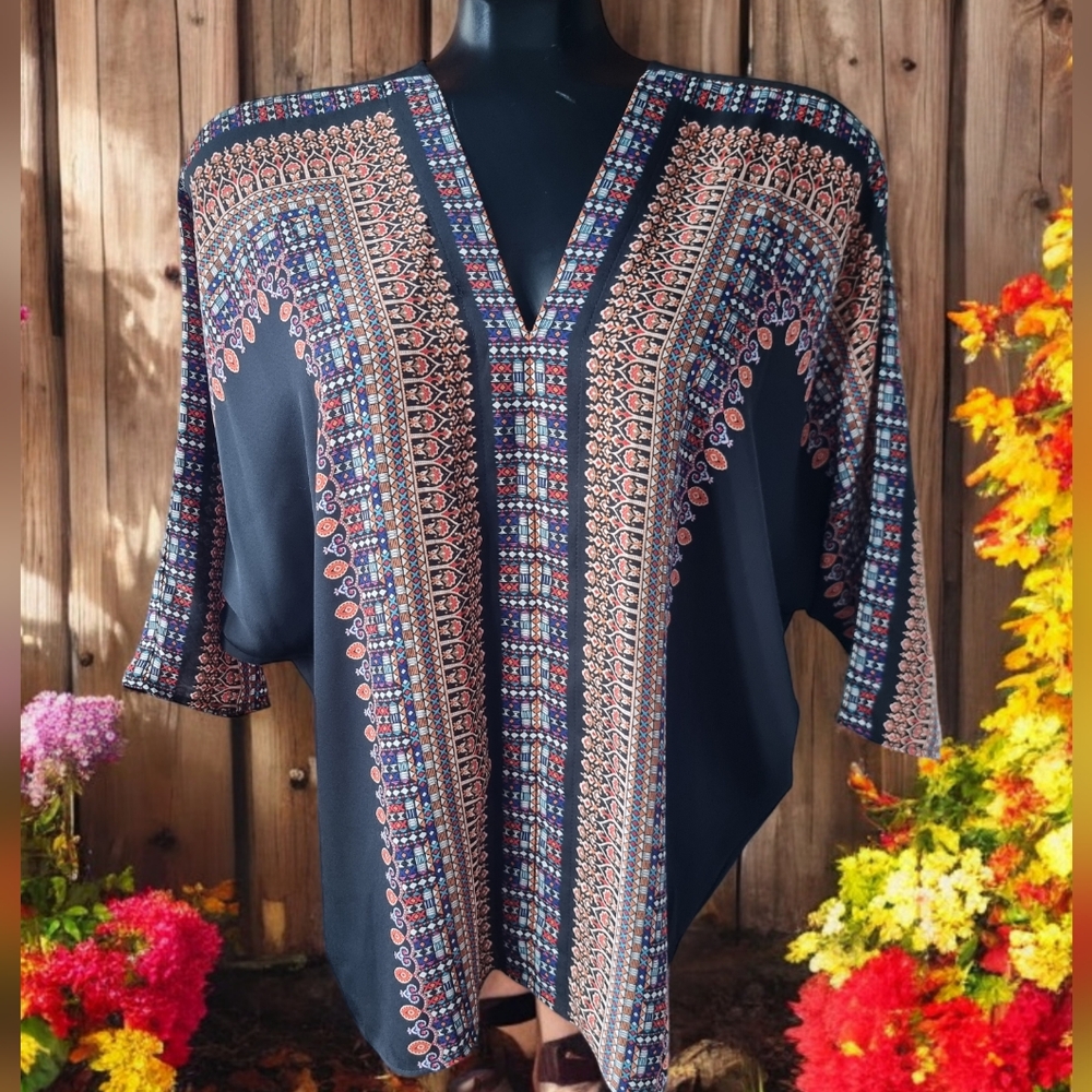 Rose + Olive Geometric Print Dolman Sleeve Oversized Boho Flowy Blouse